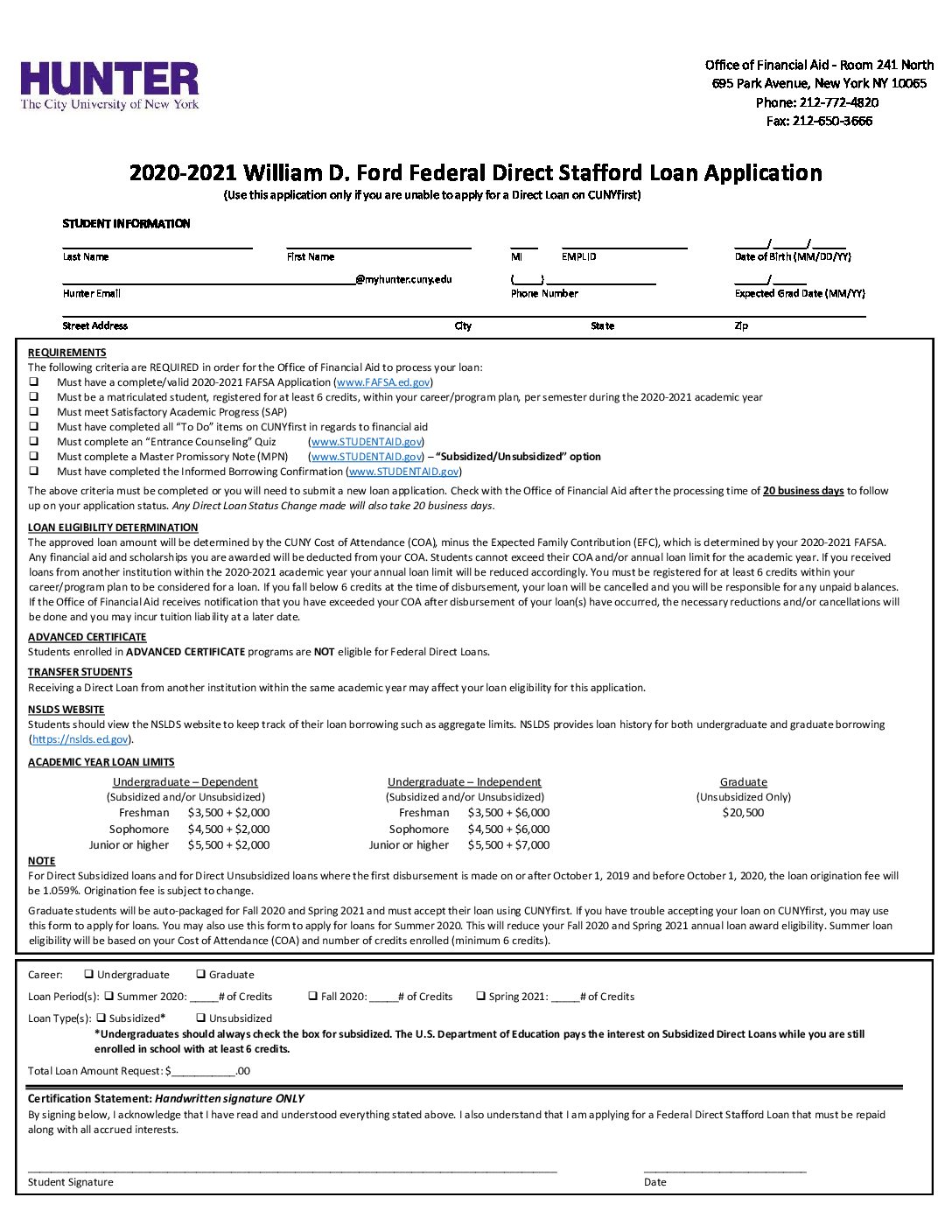 20202021 Direct Loan Application Hunter College
