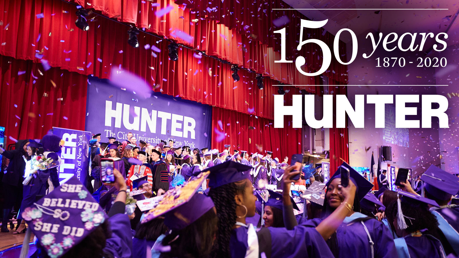 Hunter commencement with confetti and 150th anniversary logo