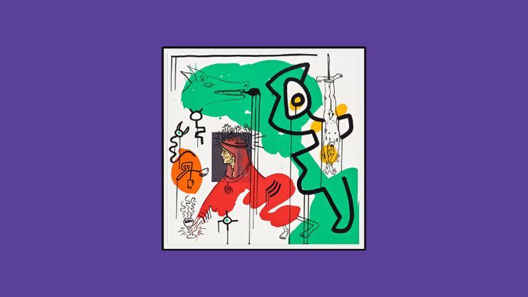 Image of Keith Haring art on a purple background.