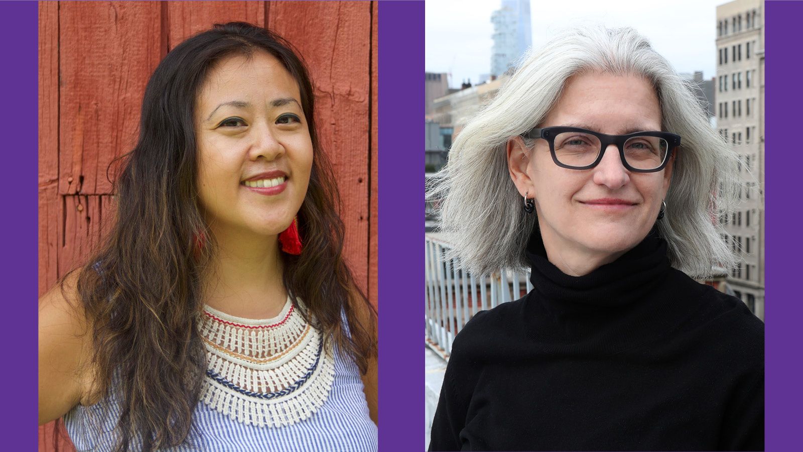 Headshot of Betty Yu and Kelly Anderson on a purple background.