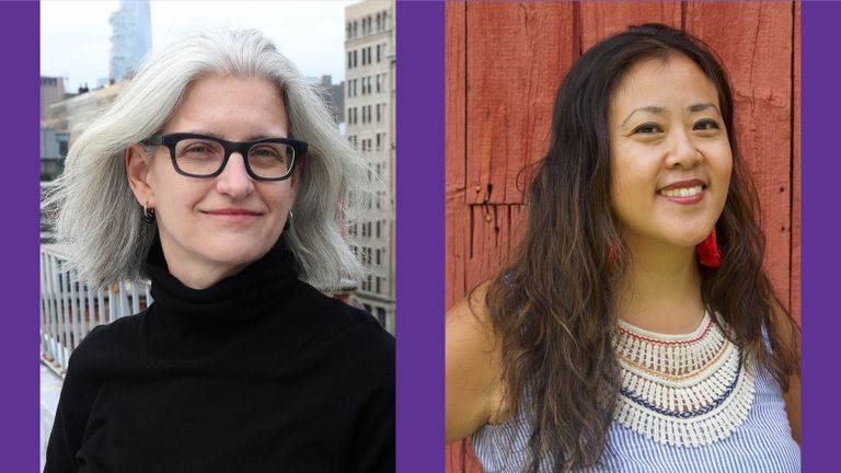 Headshots of Kelly Anderson and Betty Yu on a purple background.