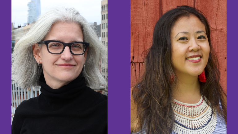 Headshot of Kelly Anderson and Betty Yu on a purple background