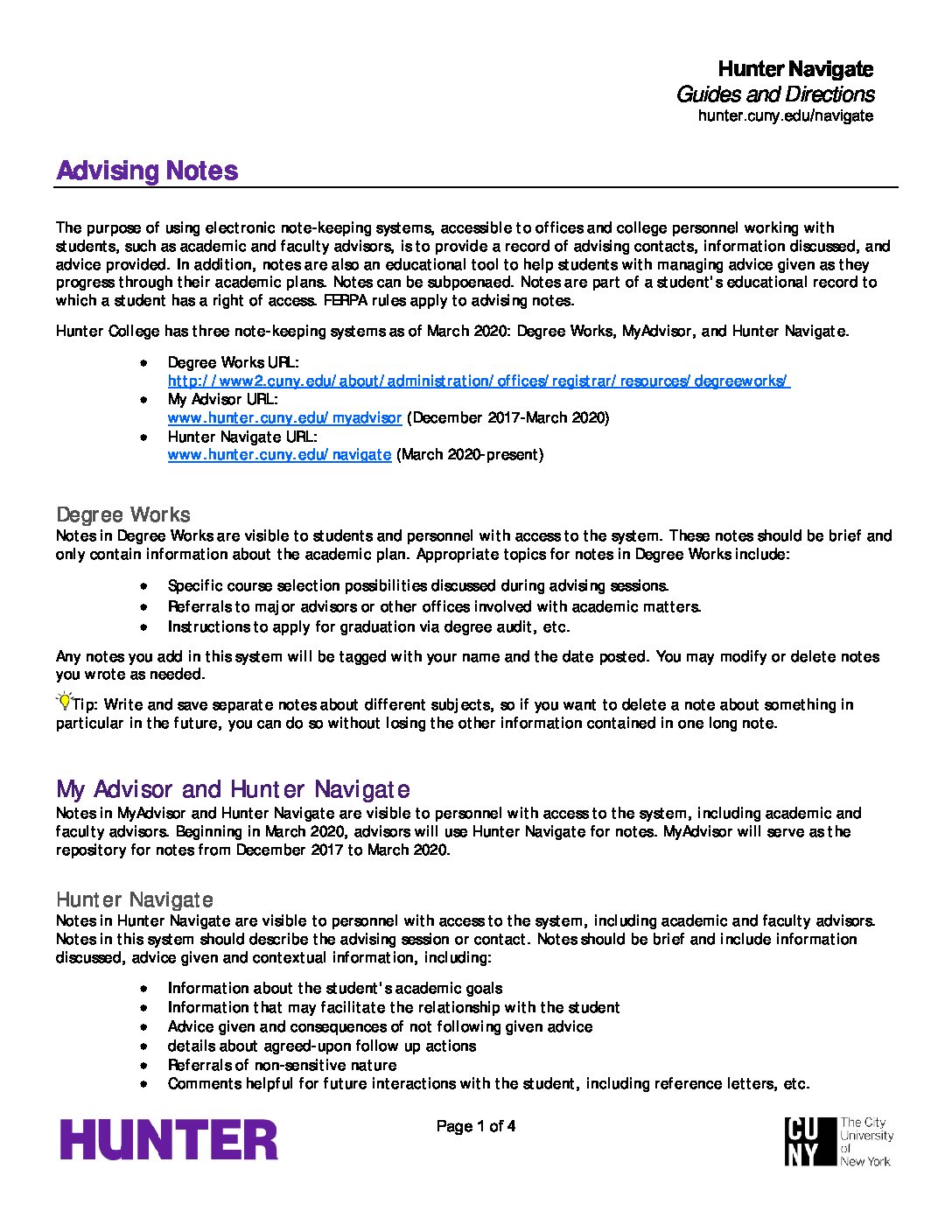 Advising Notes | Hunter College