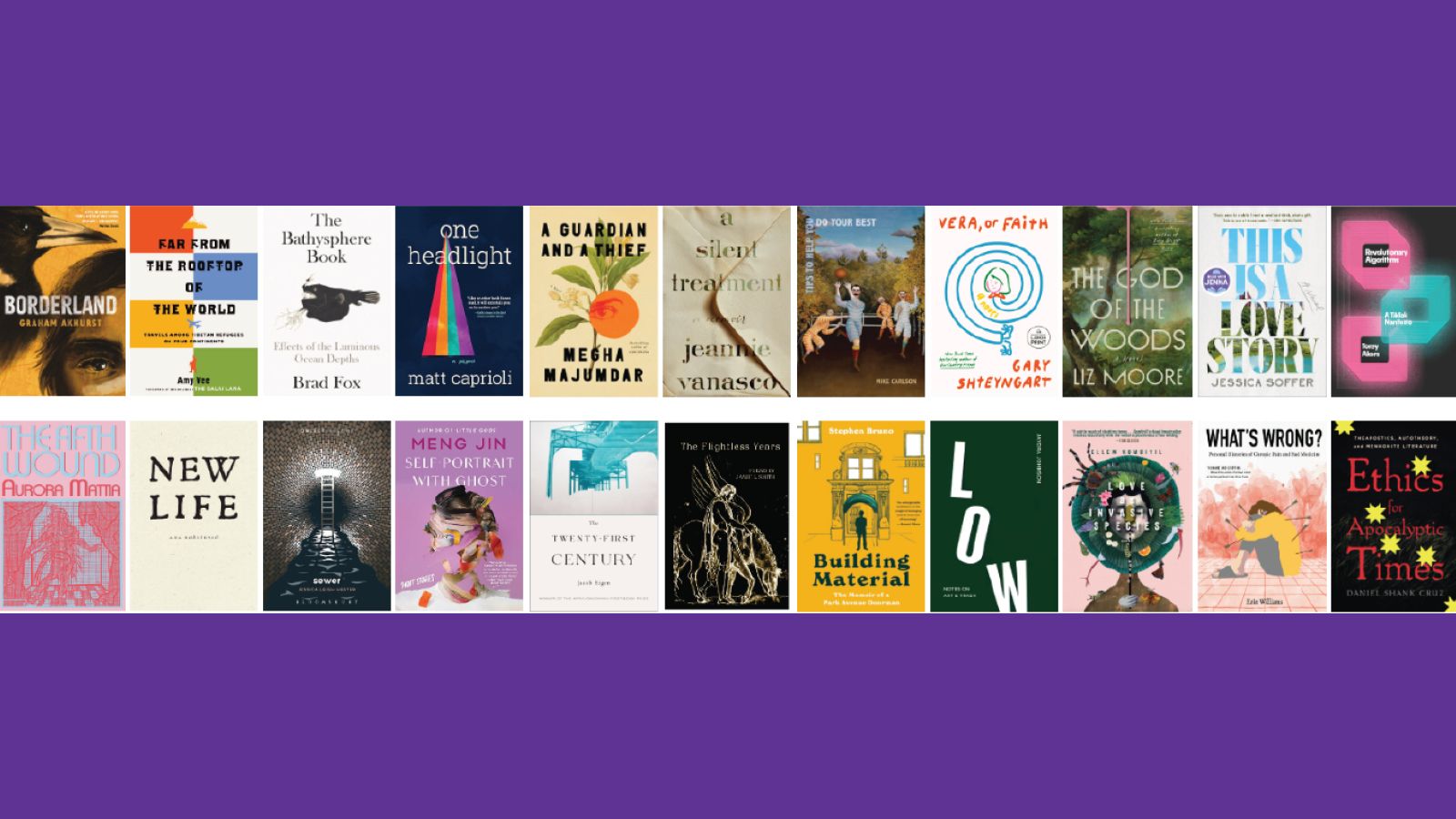 Book covers on a purple background.
