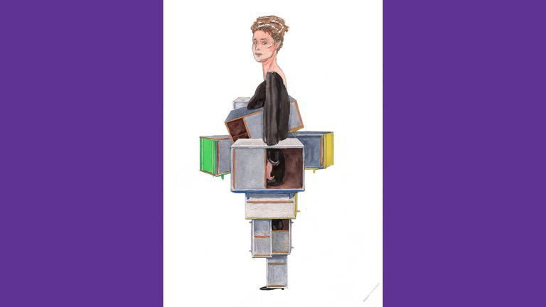 Illustration of a blonde woman holding bags