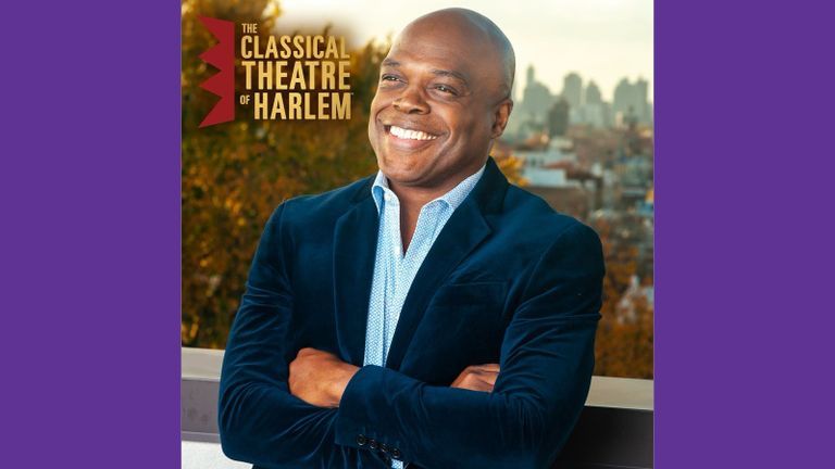 Headshot of Ty Jone in a suit with the Classical Theatre Harlem logo