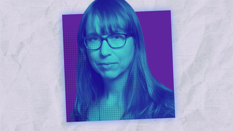 Photo of playwright Anne Washburn with a blue and purple tint on a grey background.