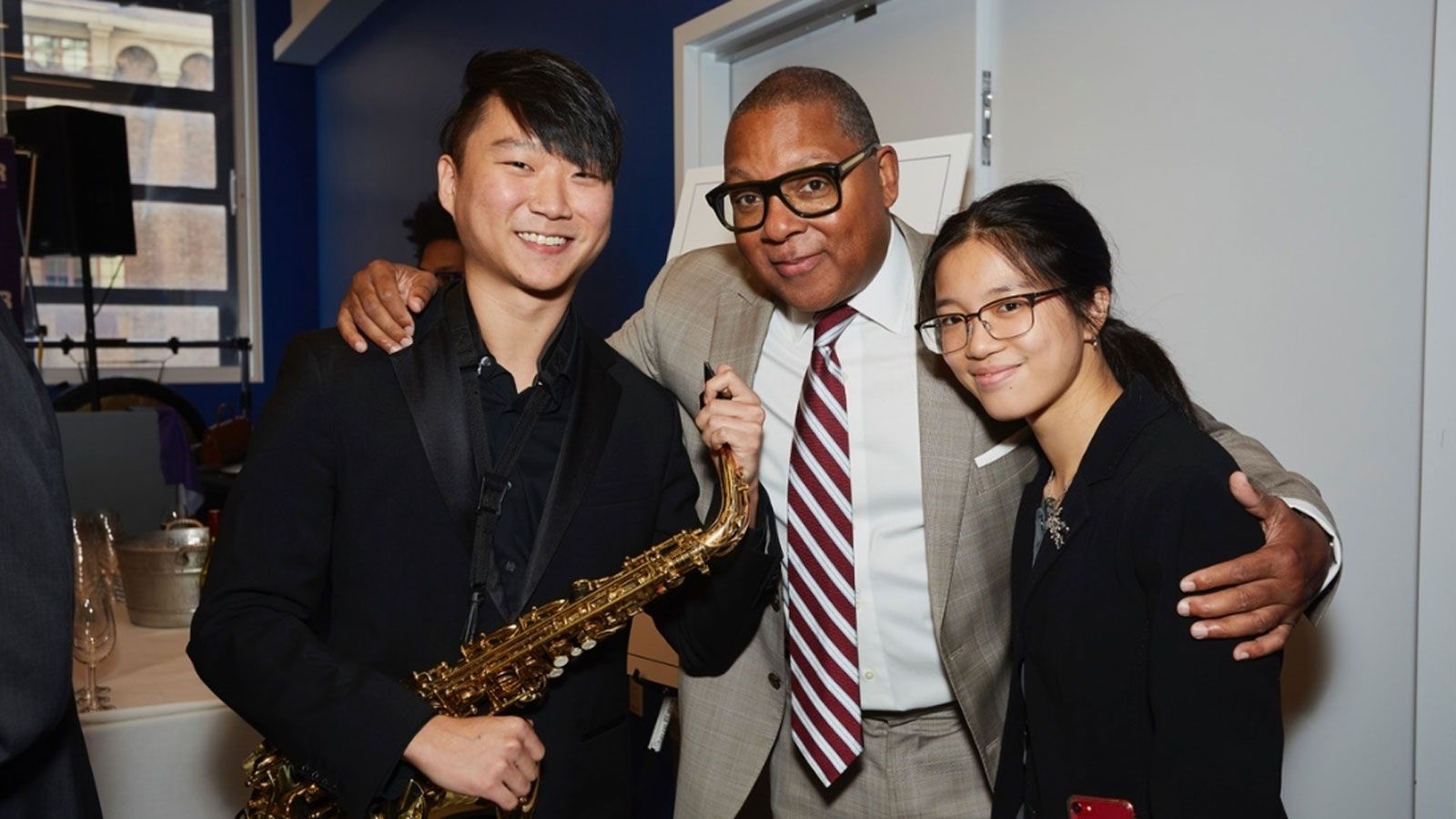 Hunter students Jacob Han (right) and Karen Xie (left) with the legendary Wynton Marsalis at the new Appel Rehearsal Hall.