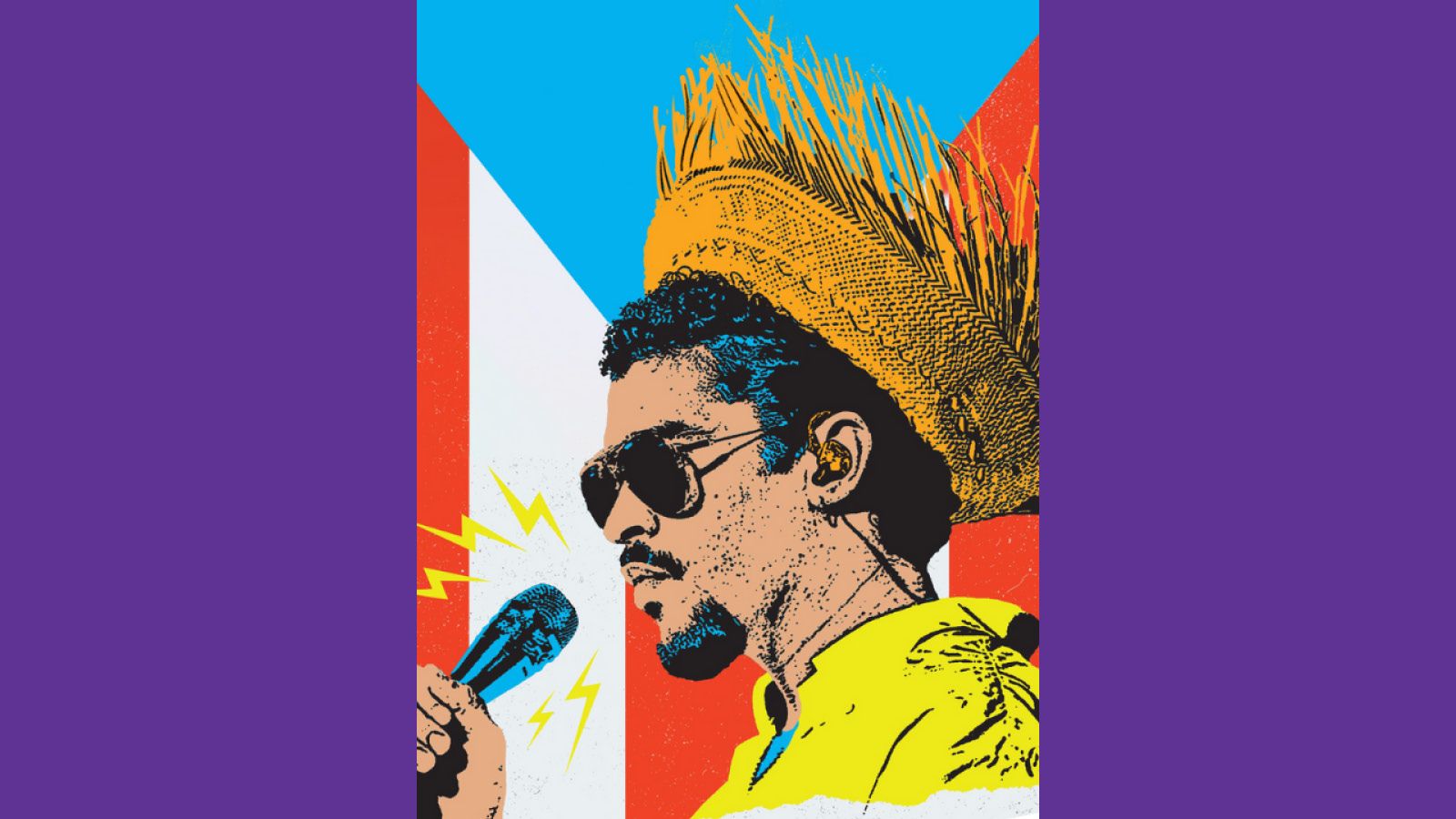 Illustration of Bad Bunny in front of a Puerto Rican flag.