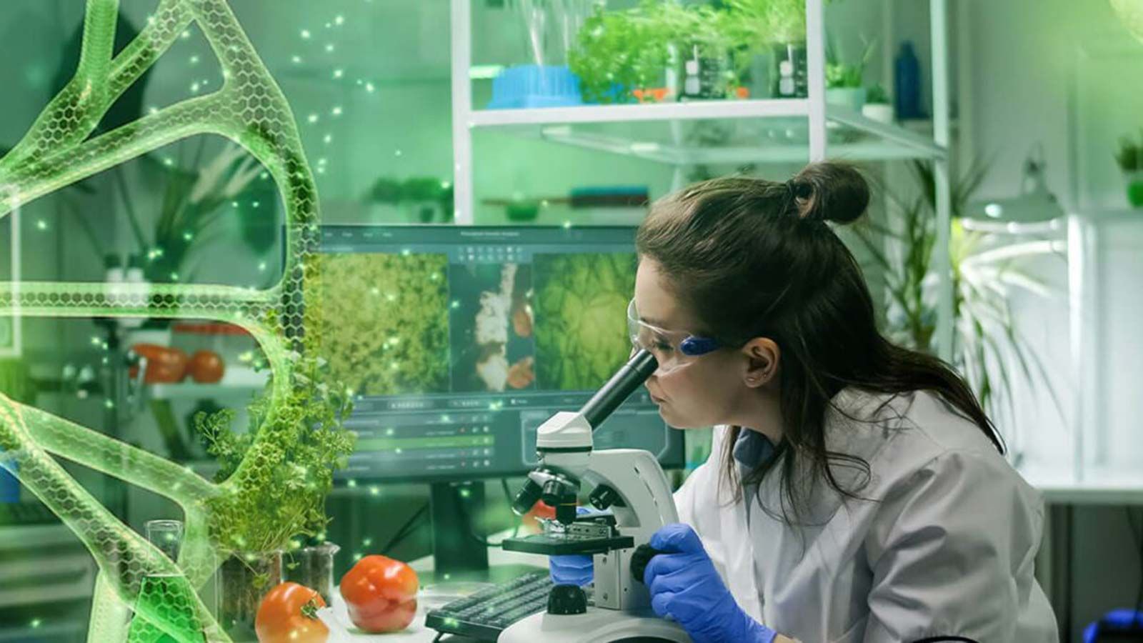 person looking through microscope surrounded by plants