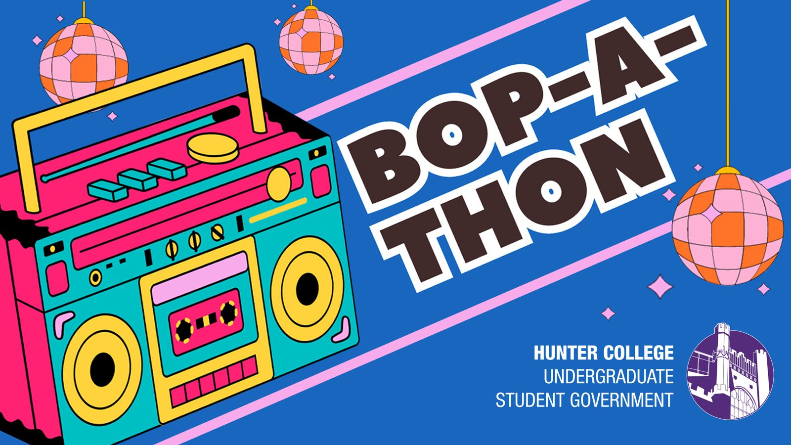 Illustration: retro boombox next to the event title, “BOP-a-Thon”
