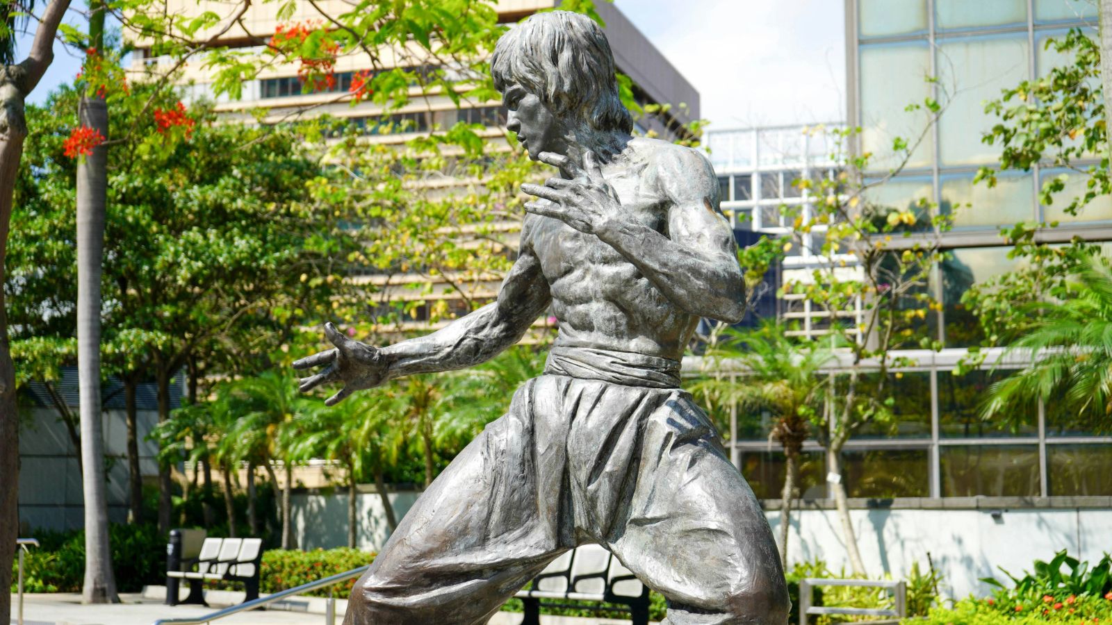 A statue of a famous martial artist named Bruce Lee.