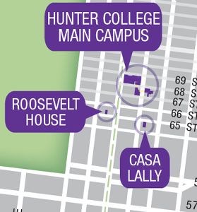 Map of Hunter Main Campus, Roosevelt House, and Casa Lally.