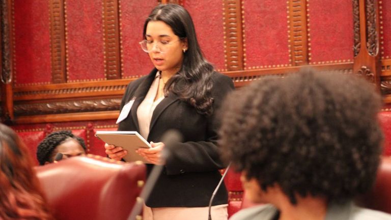 Carla Sanchez argues at CUNY’s Model New York State Senate Session in Albany. Photo: Jason Libfeld