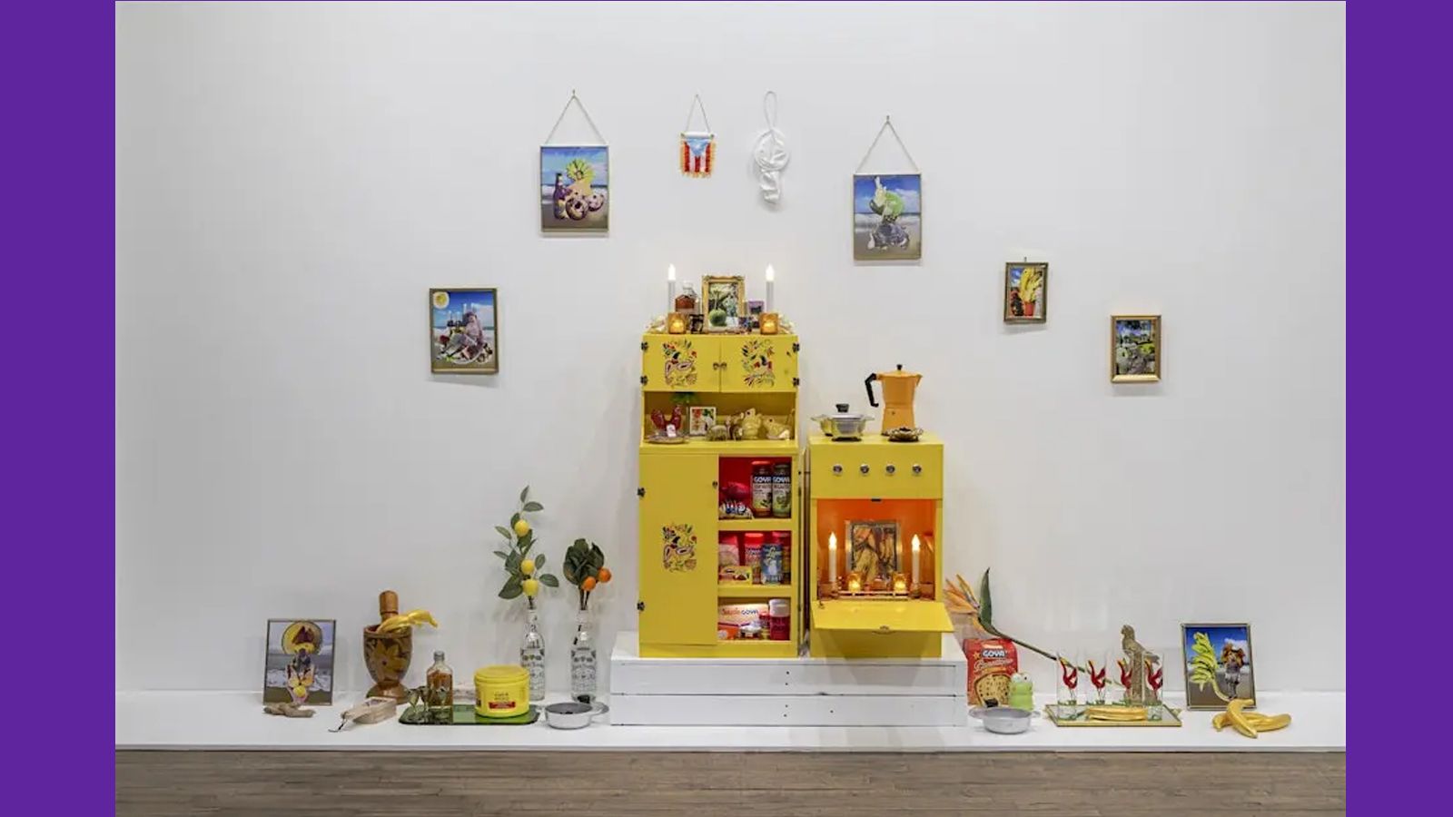 Image Credit: Caldero Familiar, 2024. Photo credit: Rik Sferra. Mixed media installation of found and altered objects with printed digital collage.
