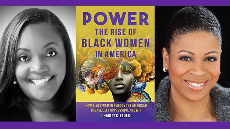 portraits of Charity C. Elder and Karen Hunter with cover art of the novel Power at center.