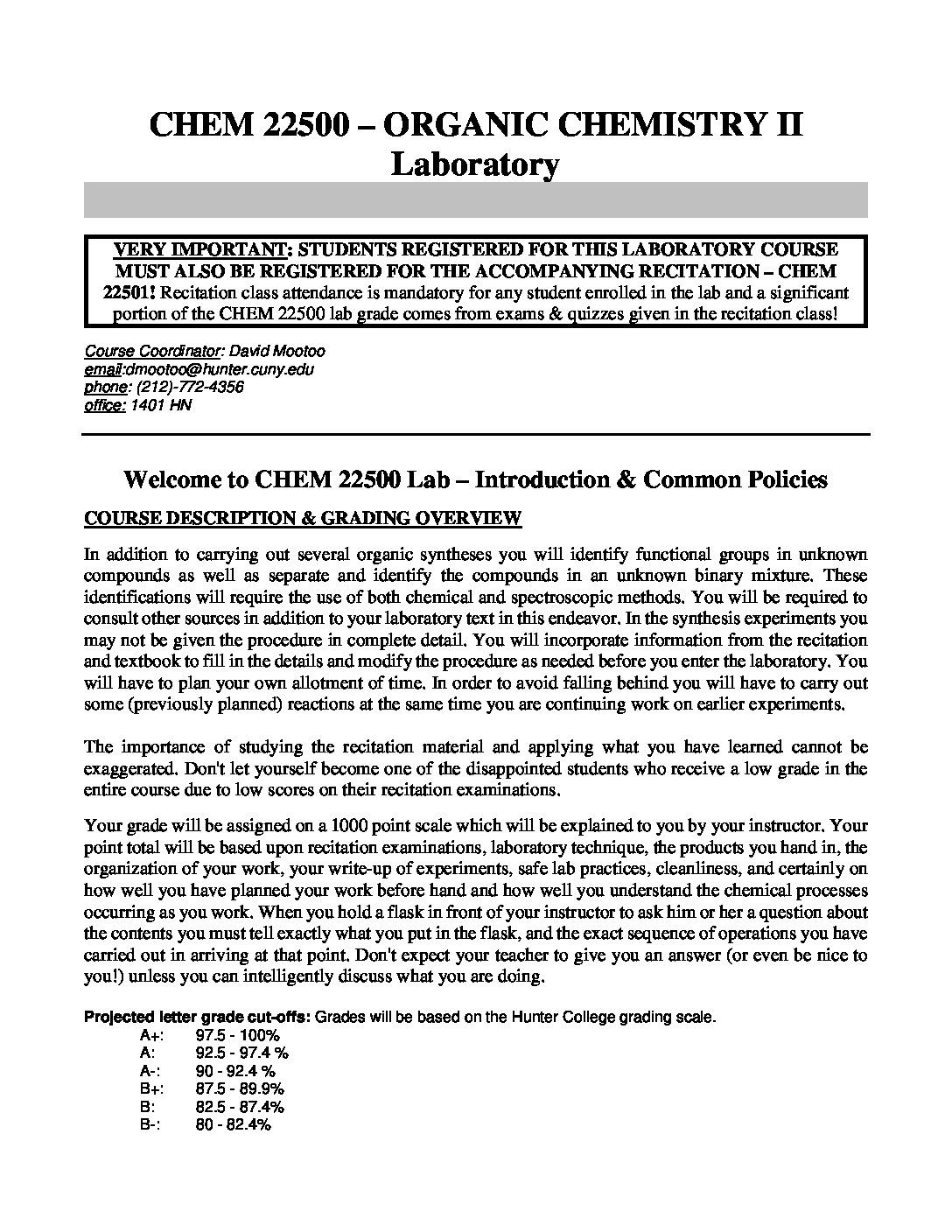 CHEM 22500 Organic Chemistry Lab 2 Hunter College