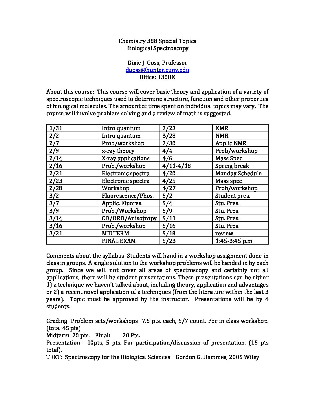 Chem 356 Biological Spectroscopy Sp18 Hunter College