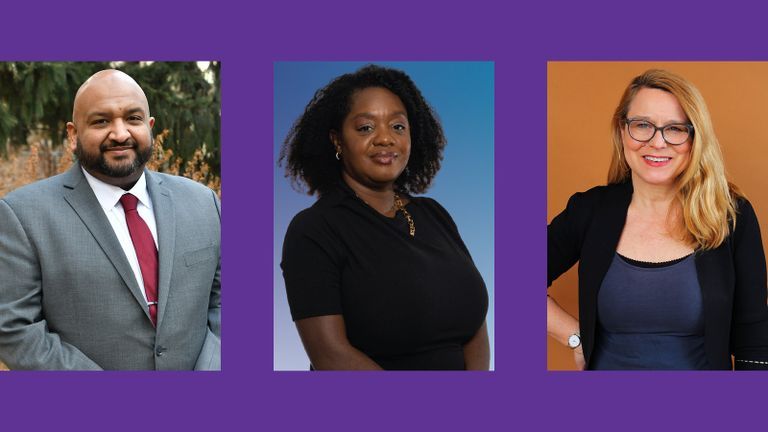 Headshots of Ahmed Tigani, Sideya Sherman, and Laura Wolf-Powers on a purple background
