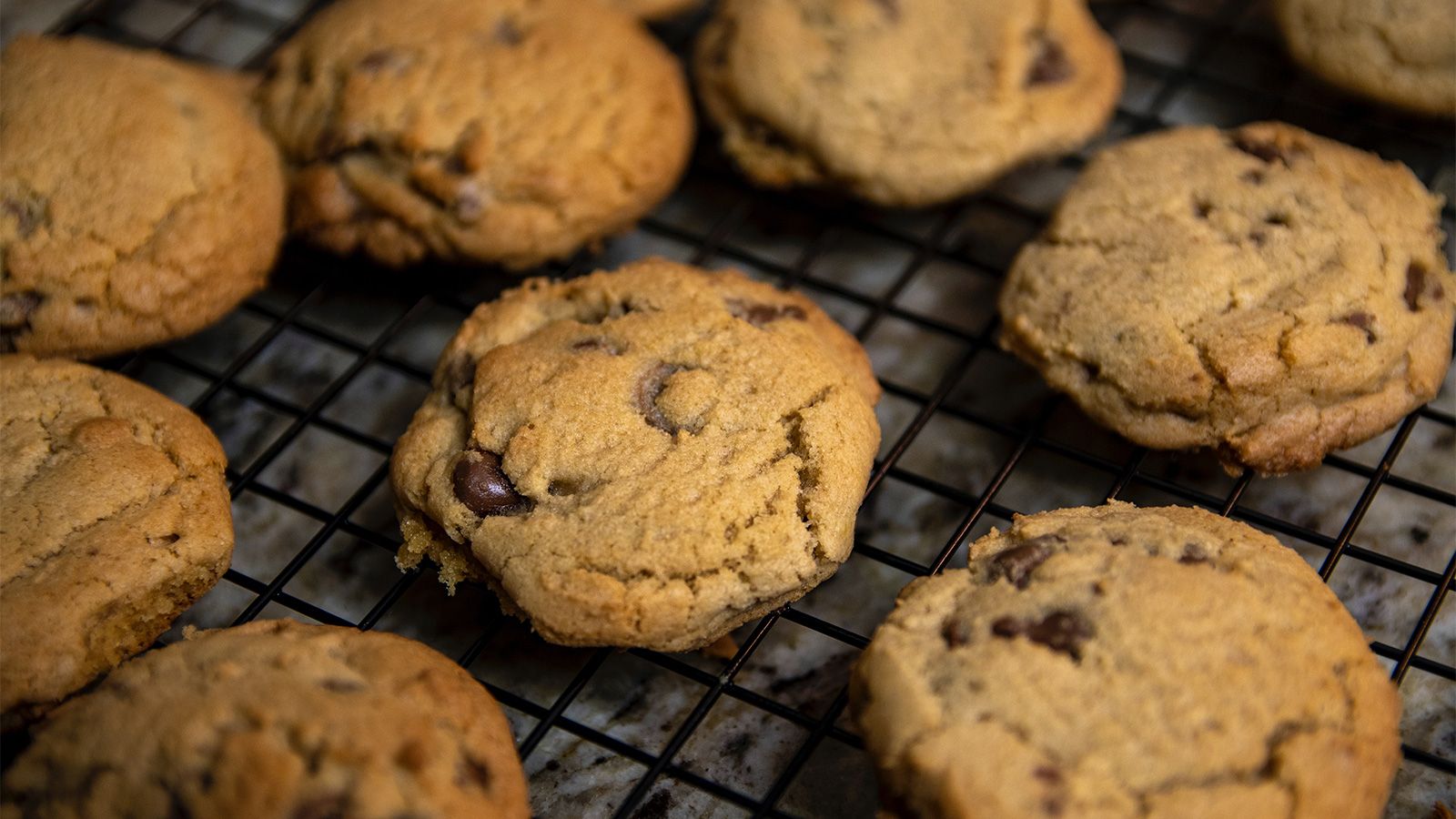 photo of chocolate chip cookies cooling on rack