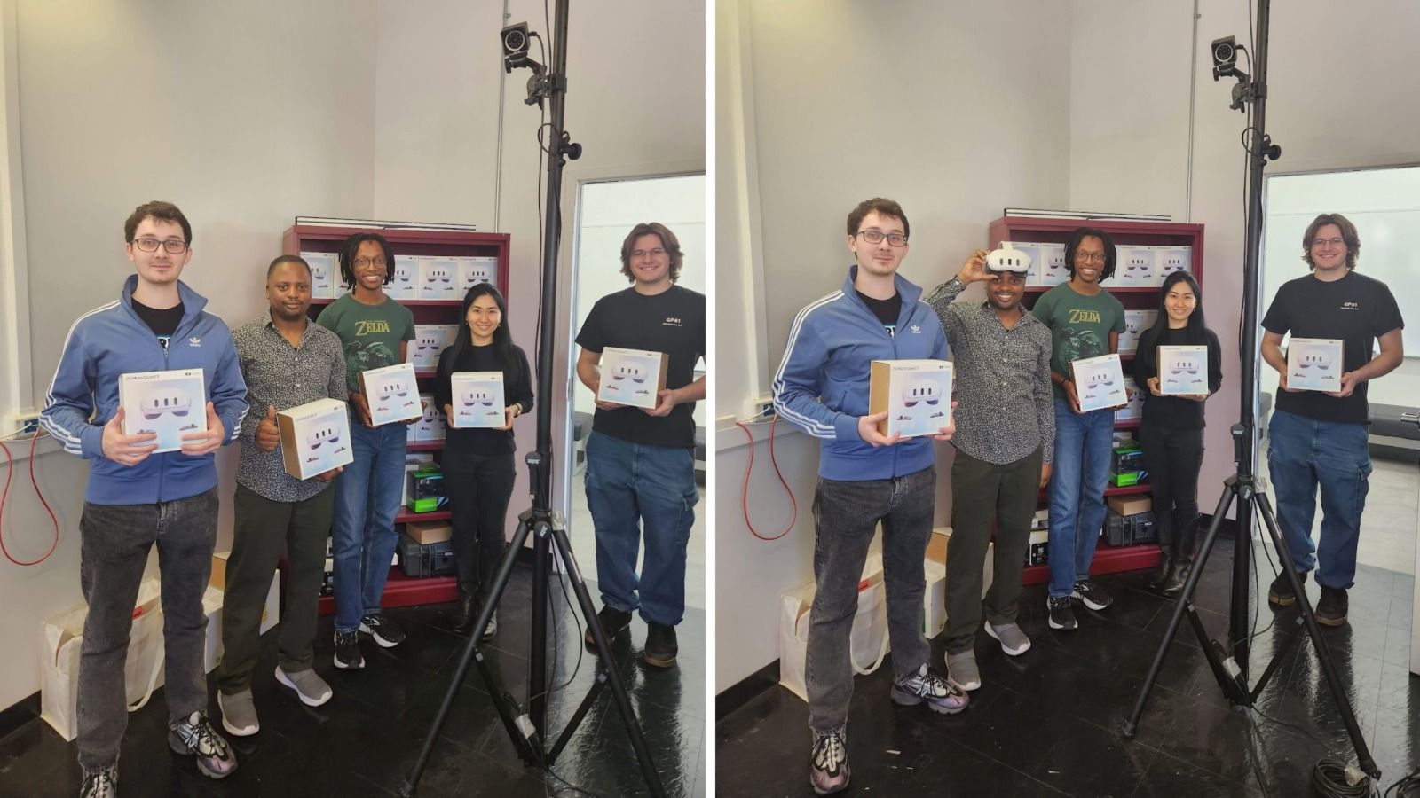 Hunter College Professors and students holding a Meta Quest 3 Virtual Reality headset box.