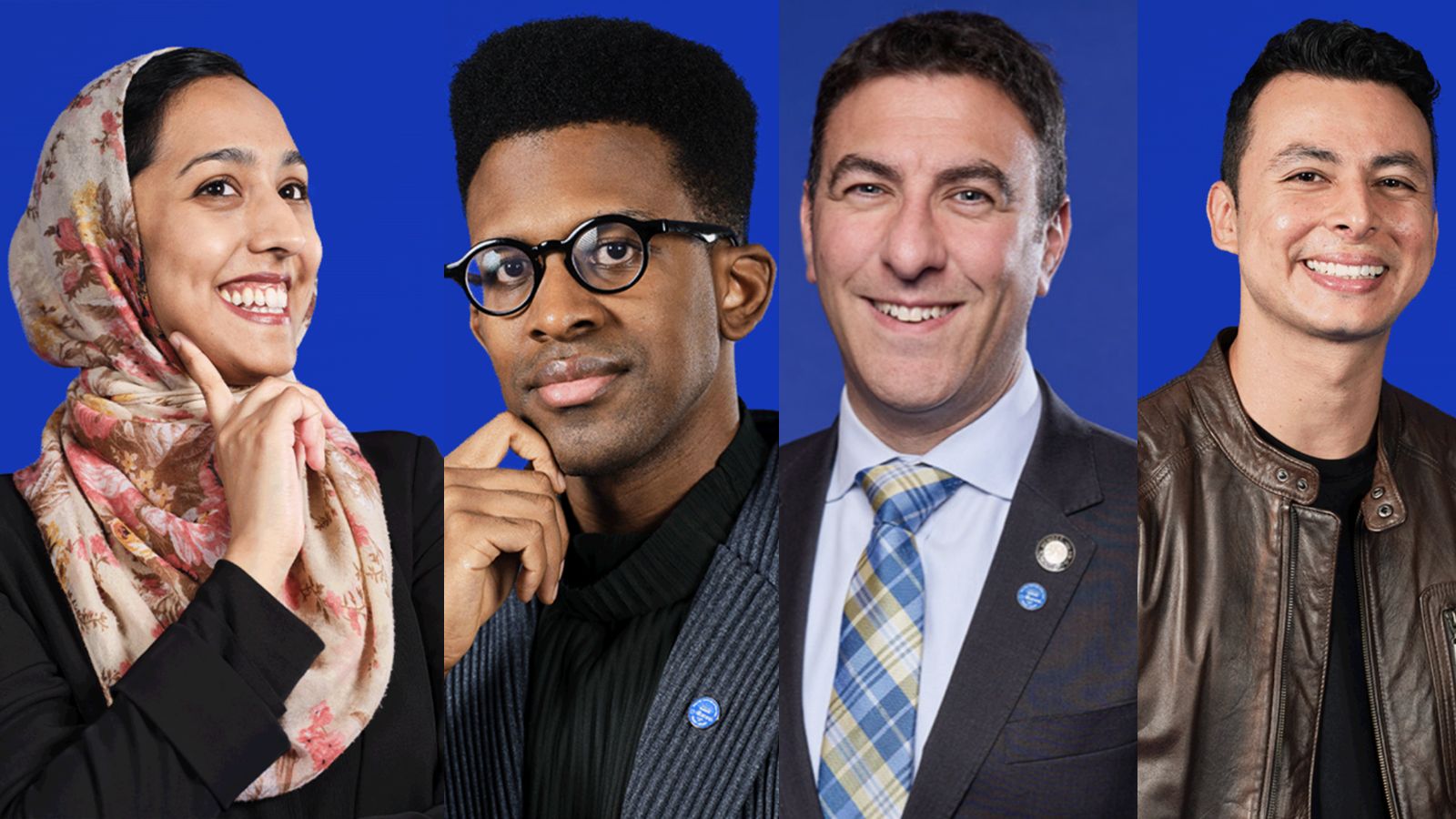 Headshots of Munazza Alam, Hasani Arnold, Eric Dinowitz, and Ricardo Montero.