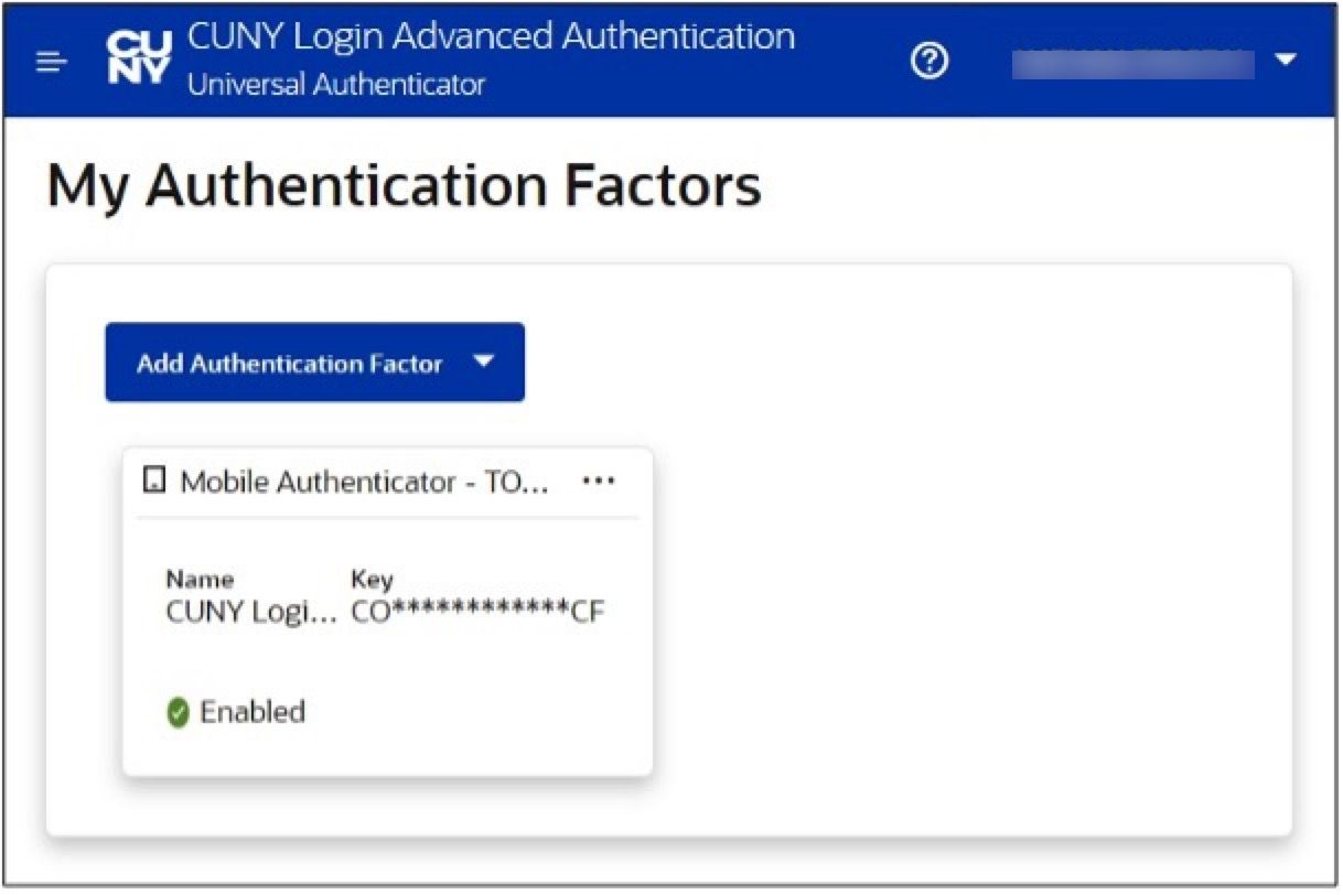 CUNY MFA factors page after adding new TOTP factor