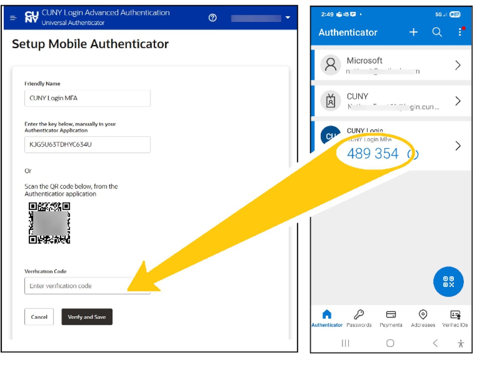 Entering code from MS Authentictor app into CUNY MFA verification page