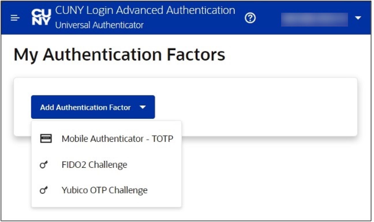 CUNY MFA Manage Auth Factors page with choices