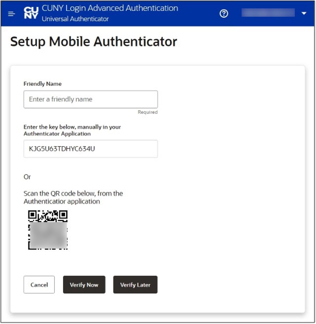 CUNY MFA Add TOTP Auth Factor page