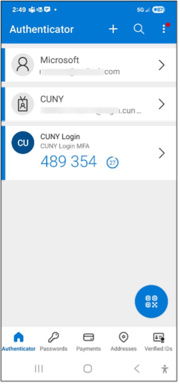 Microsoft Authenticator app home screen after adding CUNY MFA