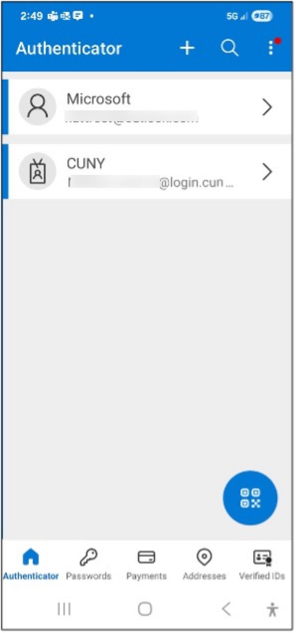 Microsoft Authenticator app home screen