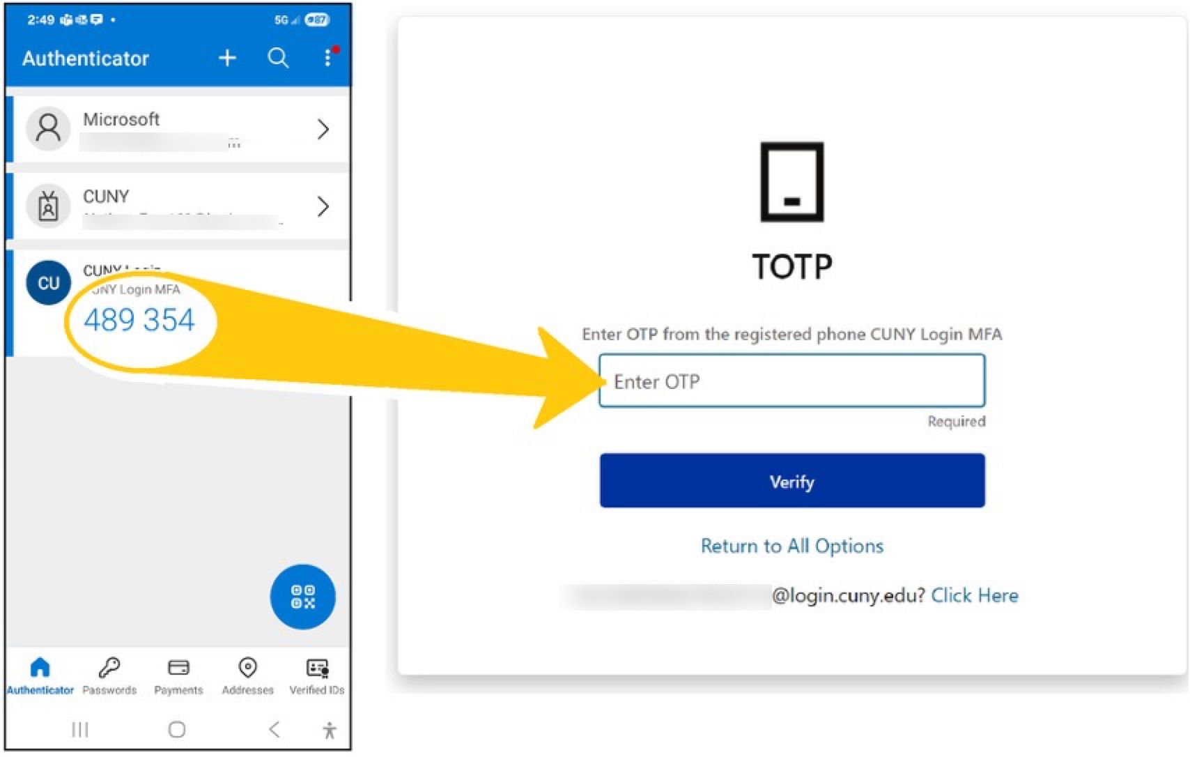 Entering TOTP from MS Authenticator for CUNY MFA prompt