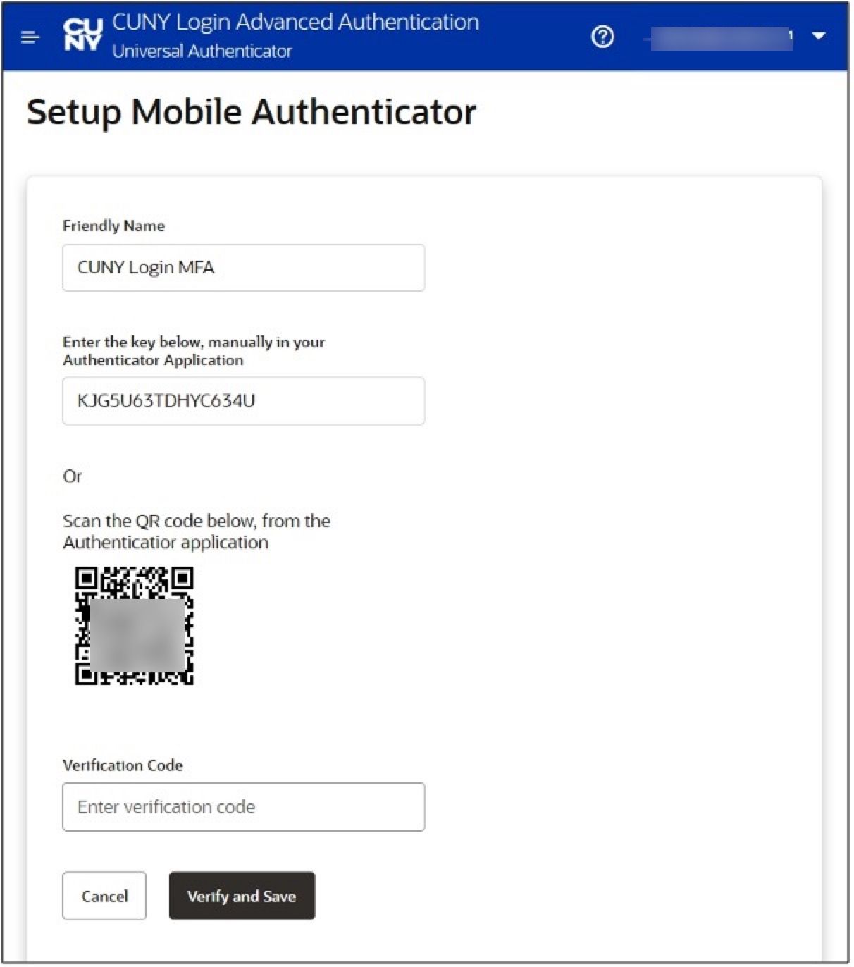 CUNY MFA verification page for new TOTP factor
