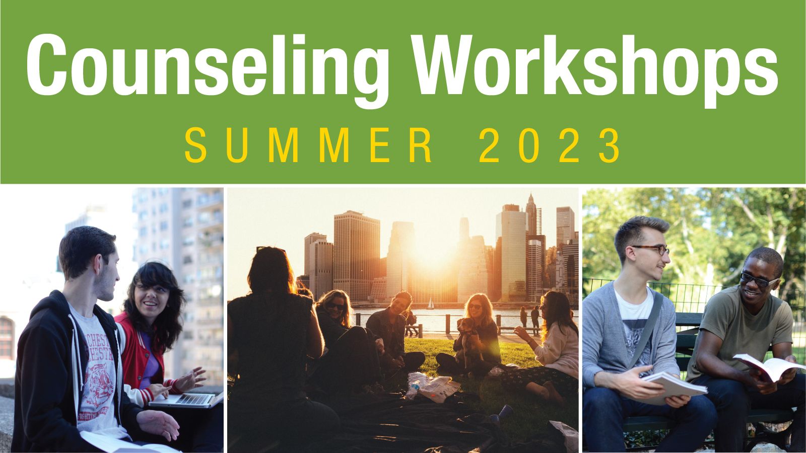 In this image for Counseling Workshops, Summer 2023, students are sitting on the sunlit grass and talking, with lower Manhattan in the background.