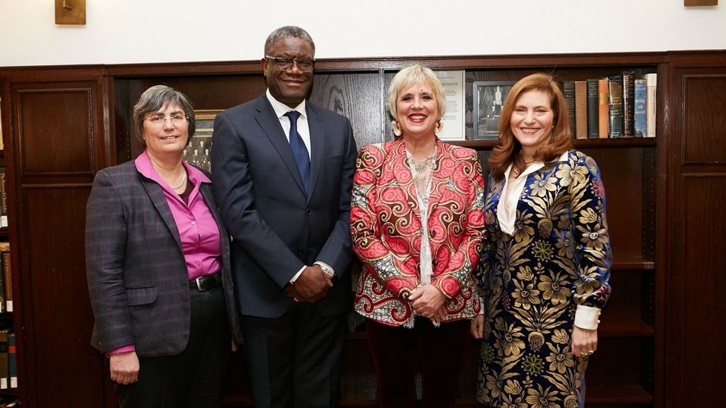 (From Left) Jessica Neuwirth, Distinguished Lecturer and Rita E. Hauser Director of the Human Rights Program at Hunter; Nobel Prize winner Dr. Denis Mukwege; American Playwright Eve Ensler; and Hunter College President Jennifer J. Raab.
