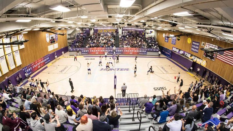 panaramic view of volleyball game in the gymnasium