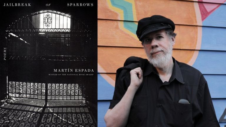 Martín Espada next to the cover of his book Jailbreak of Sparrows.