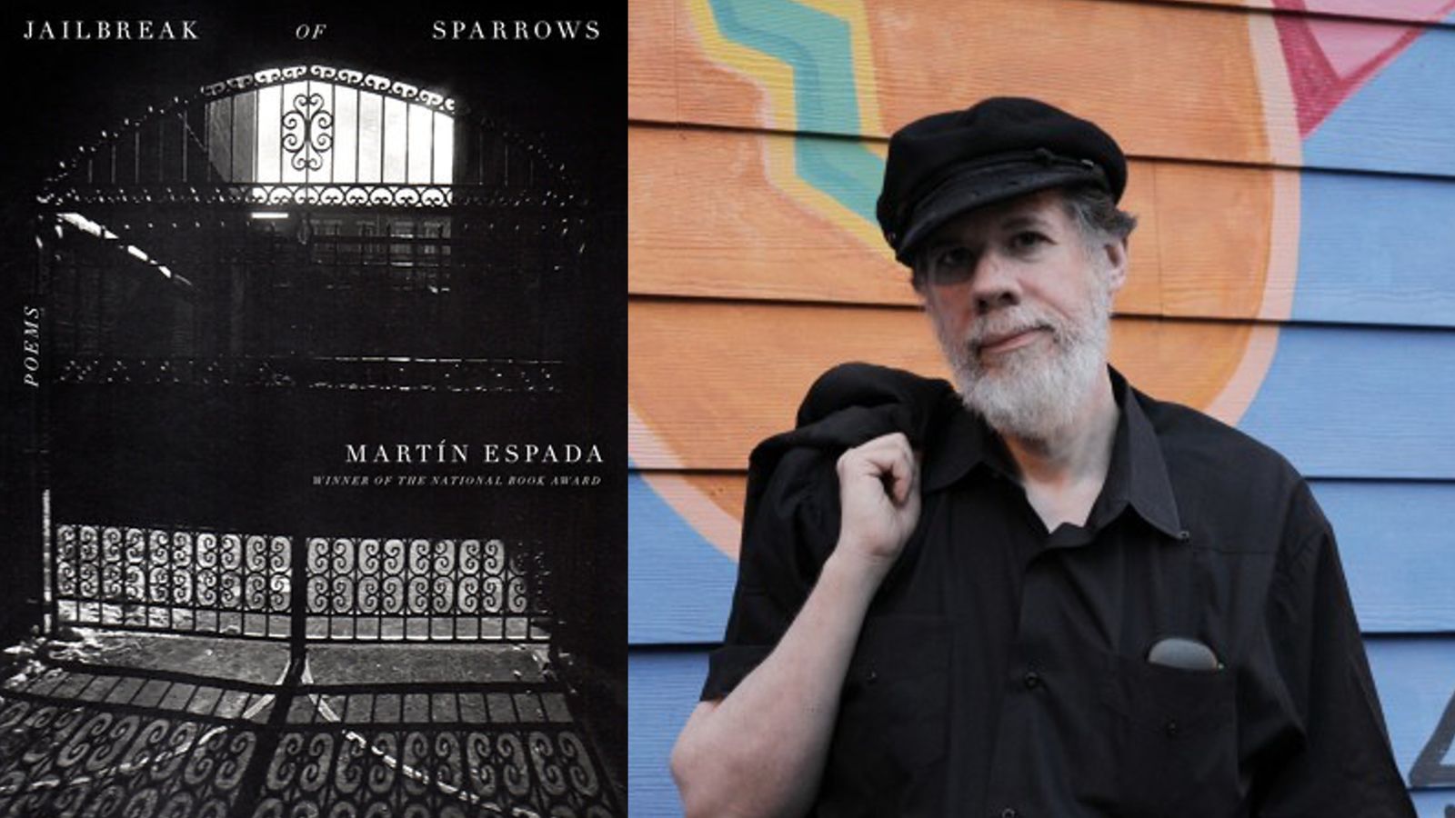 Martín Espada next to the cover of his book Jailbreak of Sparrows.