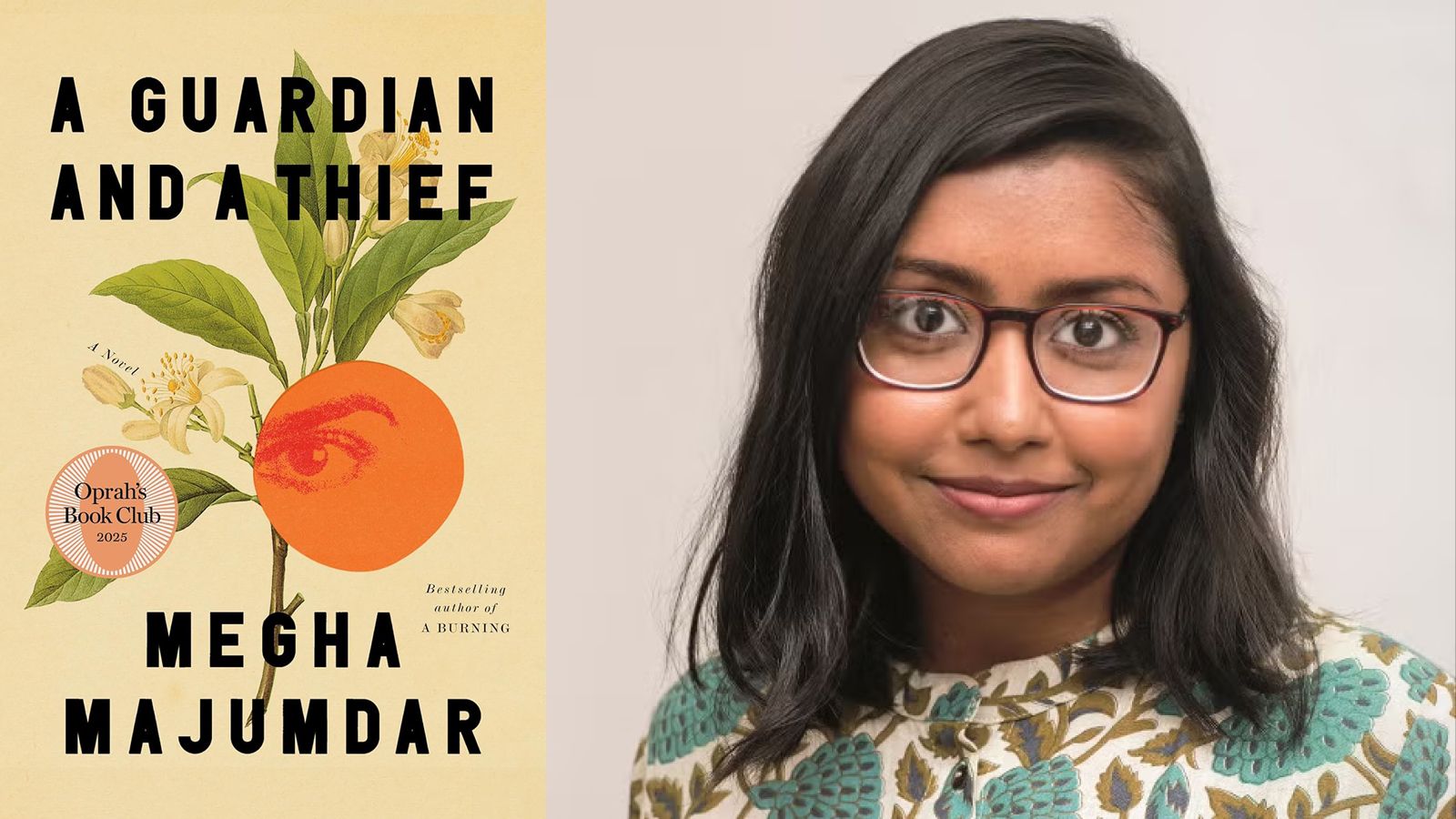 Author Megha Majumdar smiles next to a photo of the cover of her book A Guardian and a Thief.