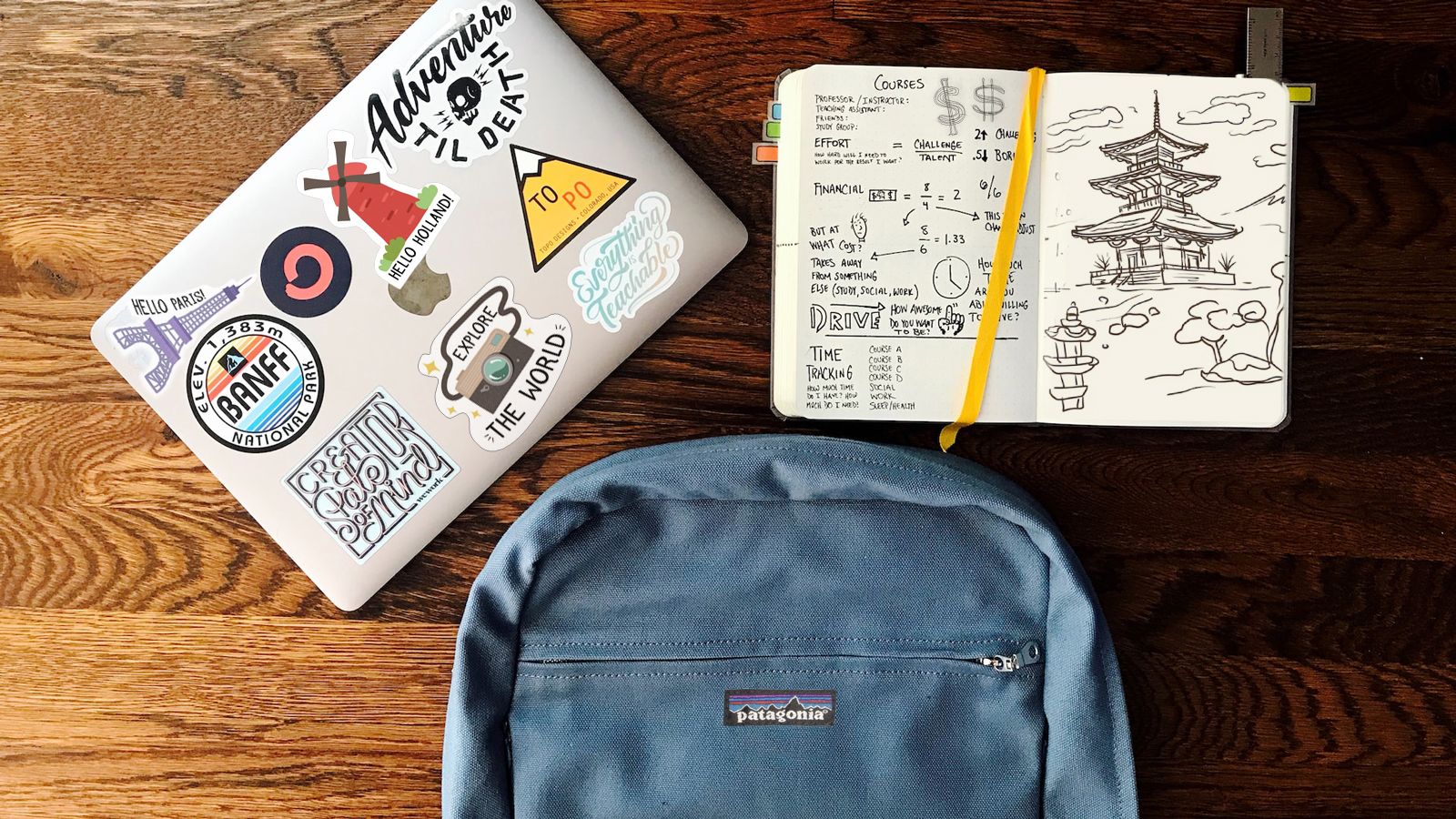 Photo - Laptop covered with travel stickers sits on a table next to a backpack, and a journal with notes and sketches of dollar signs and a pagoda.