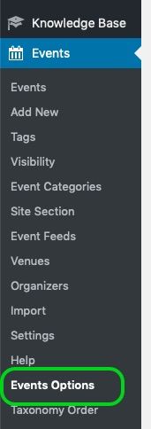 Screenshot of WordPress left navigation with 'Events Options' circled.