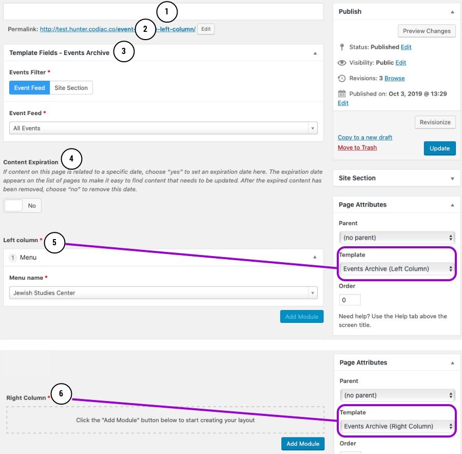 screenshot of events archive template in cms