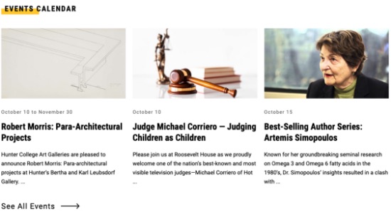 Screenshot of events module on Hunter homepage