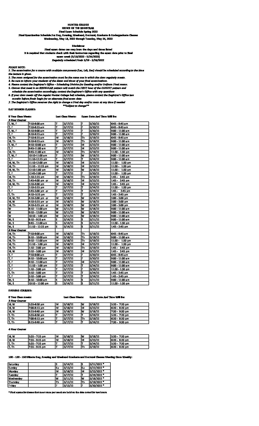 FinalExamScheduleSP22011922 Hunter College