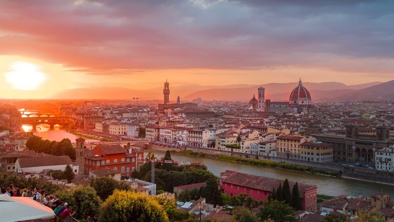 Aerial photo of Florence, Italy at sunset.