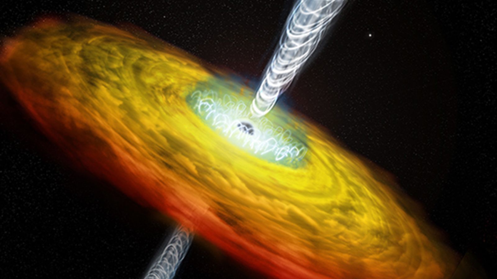 Illustration from NASA of a black hole emitting quasar jets