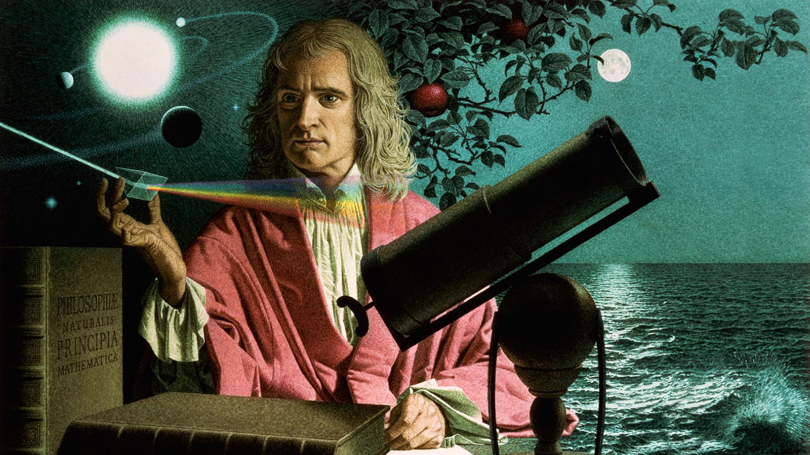 Illustration – Sir Isaac Newton observes light passing through a prism; around him are a telescope, planets, an apple tree. 