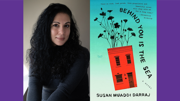 Headshot of Susan Muaddi Darraj and cover of her book 