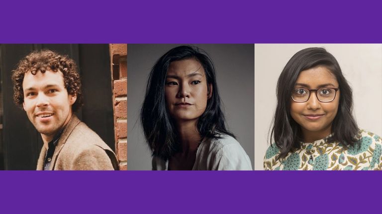 From left: Film & Media Adjunct Professor Reid Davenport, MFA Playwriting Adjunct Professor Haruna Lee, and English Department Distinguished Lecturer Megha Majumdar